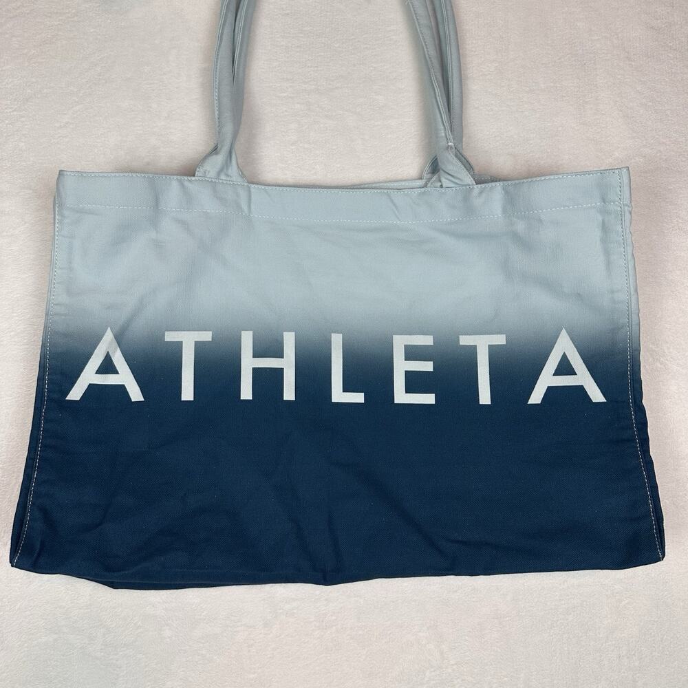 Athleta Tote Bag Blue White Ombre Dip Dye Canvas Logo Beach Gym Shopper Travel